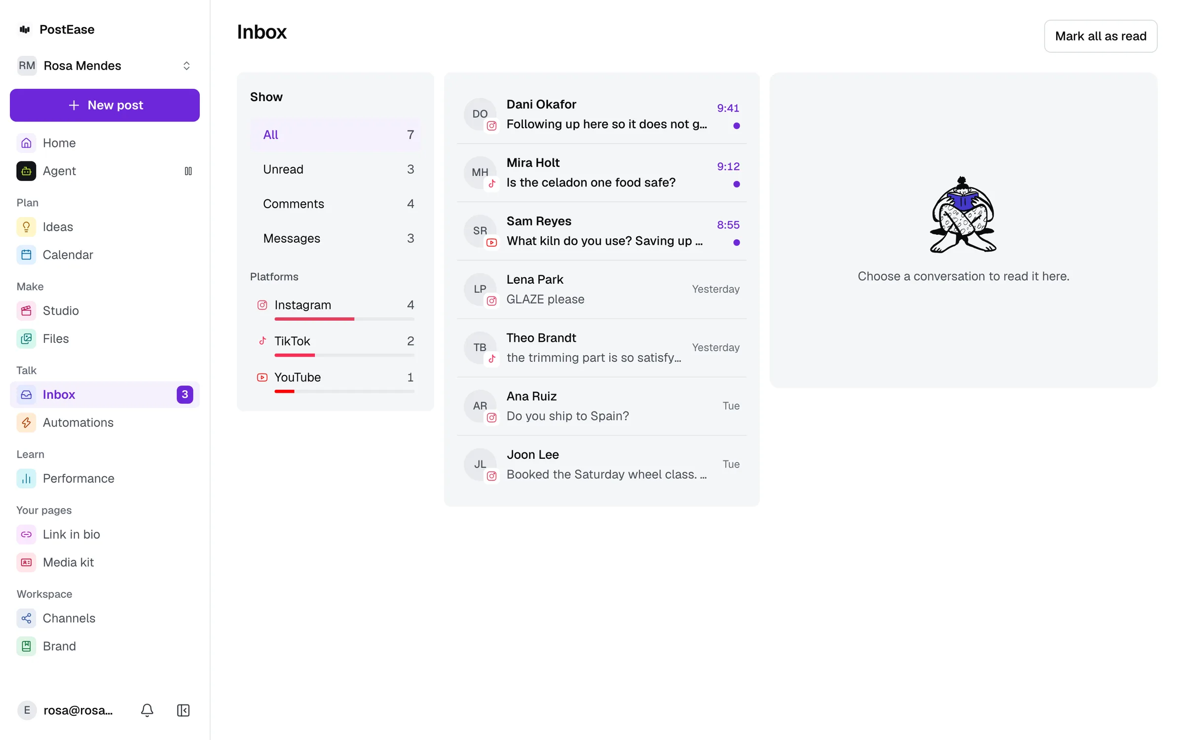 The PostEase inbox: comments and messages from every connected channel, grouped by person.