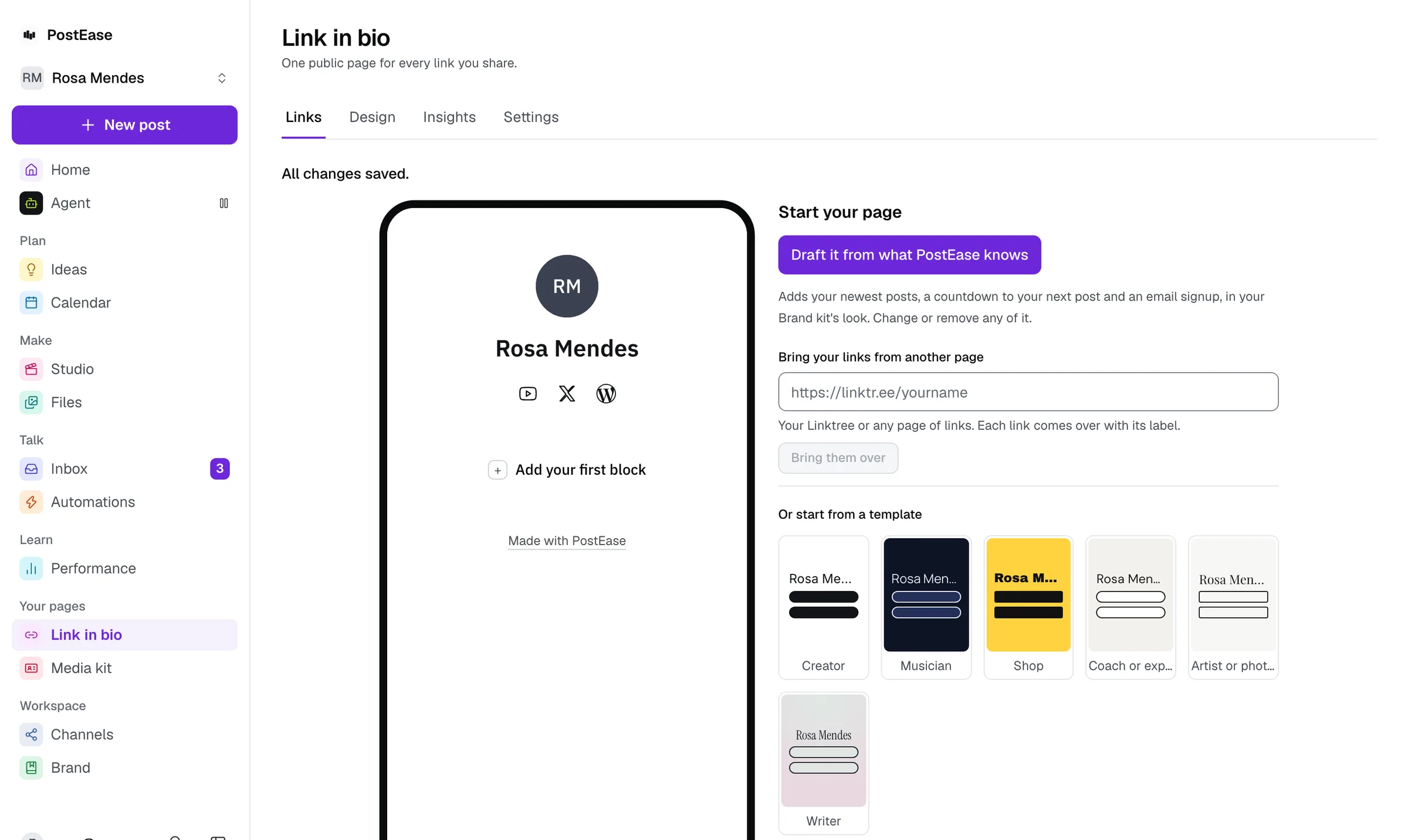 The PostEase link-in-bio editor's start: draft it from what PostEase knows, bring your links from Linktree or any page, or start from a template.