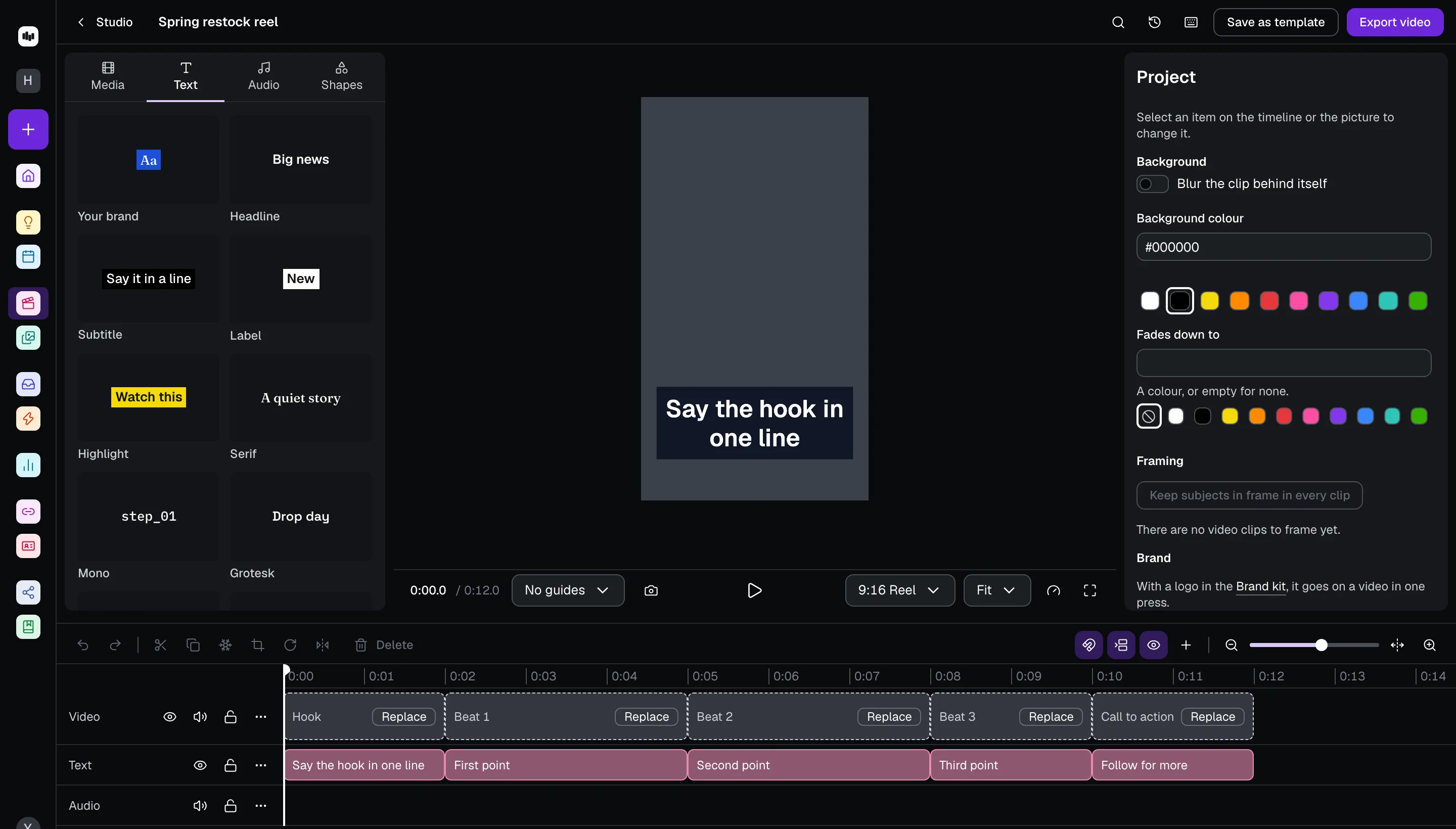 The PostEase Studio video editor: a 9:16 reel started from the hook, three beats and call to action template, with its titles on the timeline and title styles in the library.